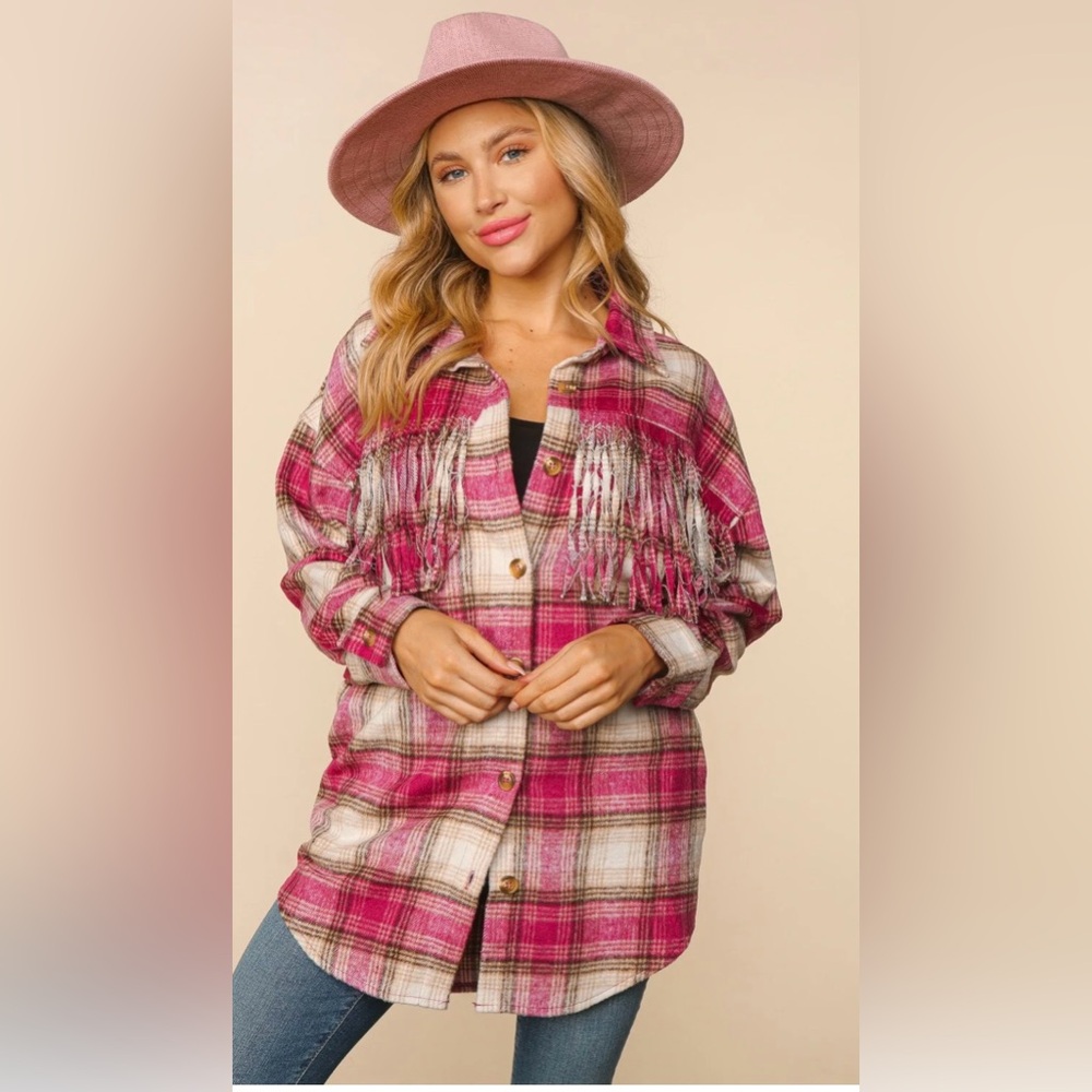 Haptics Magenta Fringe Plaid Shacket/Cardigan, Size Medium New Without Tags
